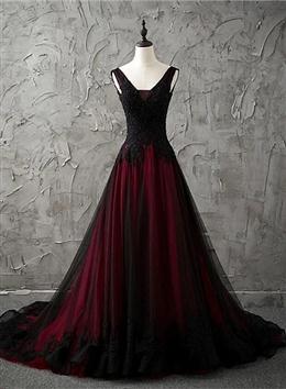 Picture of Charming Sleeveless Black Color and Red Color Lace Appliques Beaded Party Dresses, Low Back Prom Dresses